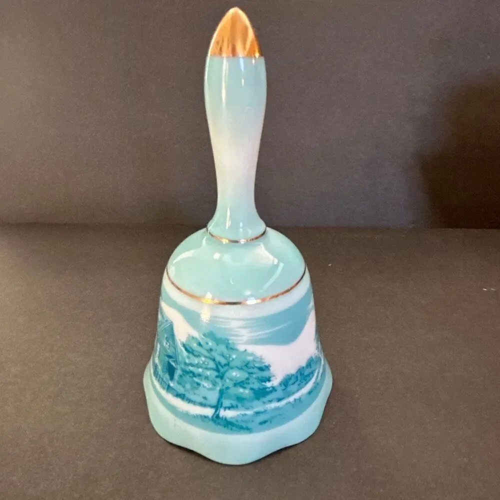 Vtg Porcelain Bell Blue Gold Stamped JAPAN Country Home Scene Orchard Scalloped